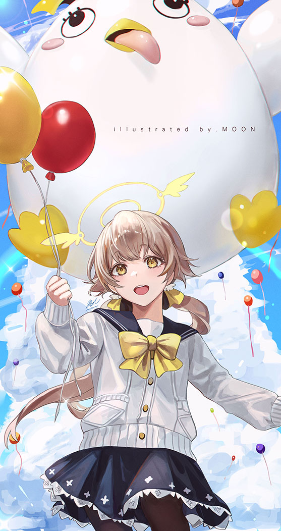 1girl balloon bird black_eyes blue_archive blue_skirt blue_sky bow bowtie brown_hair brown_pantyhose buttons clouds cloudy_sky day hair_between_eyes hair_bow halo hand_up hifumi_(blue_archive) holding holding_balloon long_hair long_sleeves looking_at_viewer low_twintails lyra_(lyra_e) open_mouth outdoors pantyhose peroro_(blue_archive) pocket puffy_long_sleeves puffy_sleeves sailor_collar signature skirt sky smile sparkle standing sweater teeth tongue tongue_out twintails white_sweater wings yellow_bow yellow_bowtie yellow_eyes yellow_halo