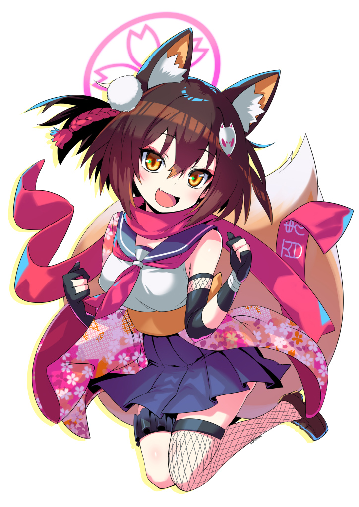 1girl animal_ear_fluff animal_ears black_gloves black_hair blue_archive blue_sailor_collar blue_skirt blush breasts brown_footwear fang fishnet_thighhighs fishnets fox_ears fox_tail full_body gloves hair_between_eyes halo izuna_(blue_archive) krono_tokage medium_breasts open_mouth partially_fingerless_gloves pink_halo pleated_skirt sailor_collar shoes short_hair signature simple_background single_thighhigh skin_fang skirt smile solo tail thigh-highs white_background yellow_eyes