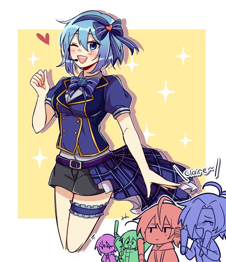 ashe_bradley belt biyo blue_bow blue_bowtie blue_eyes blue_hair blue_hairband blue_jacket border bow bowtie character_name chibi chibi_inset claire_elford collarbone glowstick grey_shorts hair_bow hairband hand_up headphones heart holding_glowstick idol jacket jumping light_blush noel_levine one_eye_closed open_mouth outline plaid plaid_skirt puffy_short_sleeves puffy_sleeves purple_belt shirt short_sleeves shorts sirius_gibson skirt smile sparkle striped_bow striped_bowtie striped_clothes teeth thigh_strap triangle_mouth upper_teeth_only white_border white_outline white_shirt wilardo_adler witch's_heart yellow_background