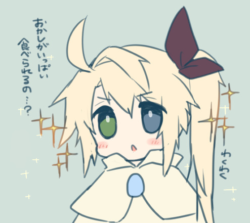 1girl ahoge black_bow blonde_hair blue_background blue_eyes blue_gemstone blush_stickers bow brooch capelet character_request collared_capelet commentary_request deformed gem green_eyes hair_bow heterochromia high_collar jewelry long_hair looking_ahead lowres magia_break open_mouth shirt side_ponytail simple_background solo sparkle translation_request upper_body usamata v-shaped_eyebrows white_capelet white_shirt