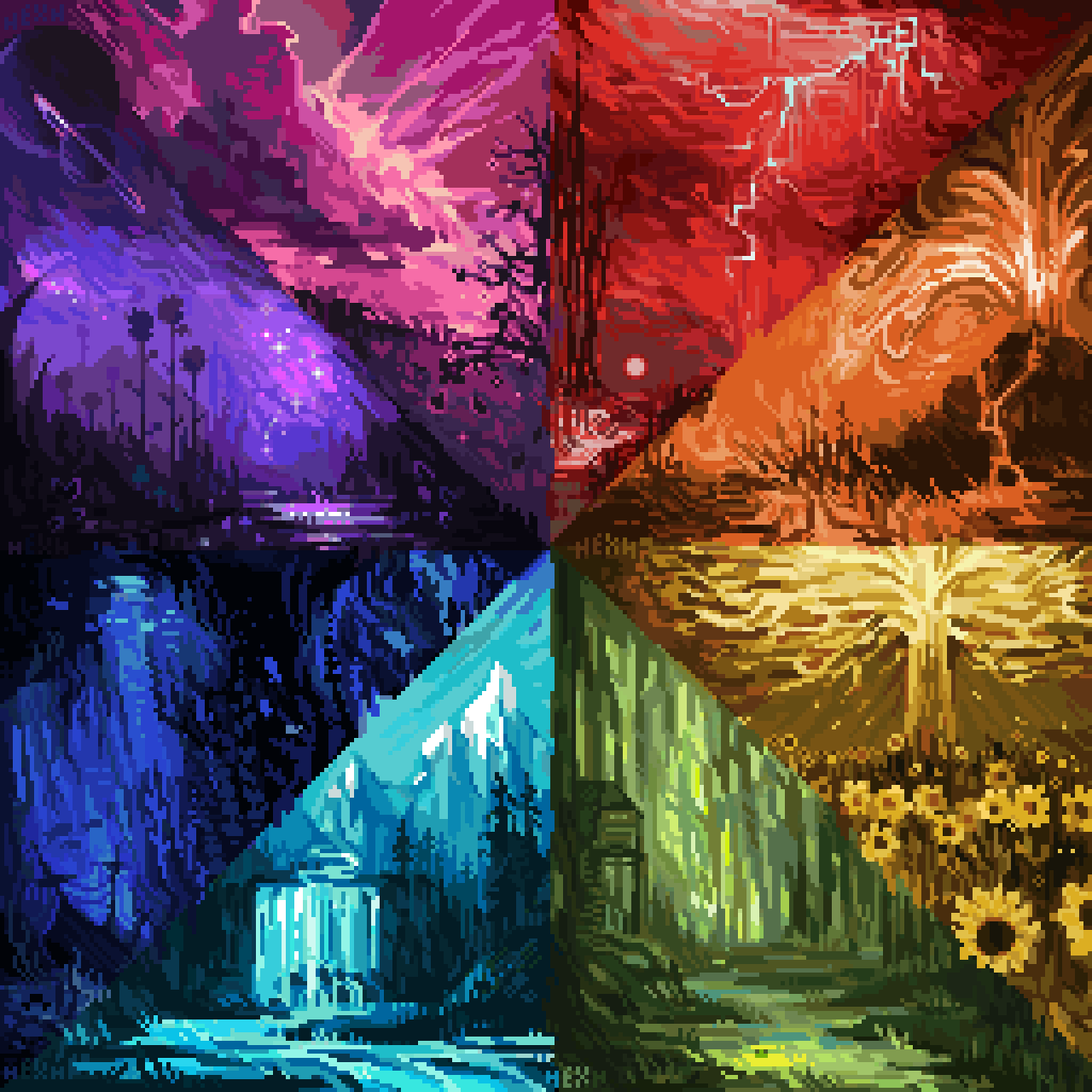 building clouds color_wheel_challenge english_commentary flower hexh highres lightning mountain multiple_drawing_challenge night night_sky no_humans original pixel_art scenery sky star_(sky) starry_sky tree water waterfall yellow_flower
