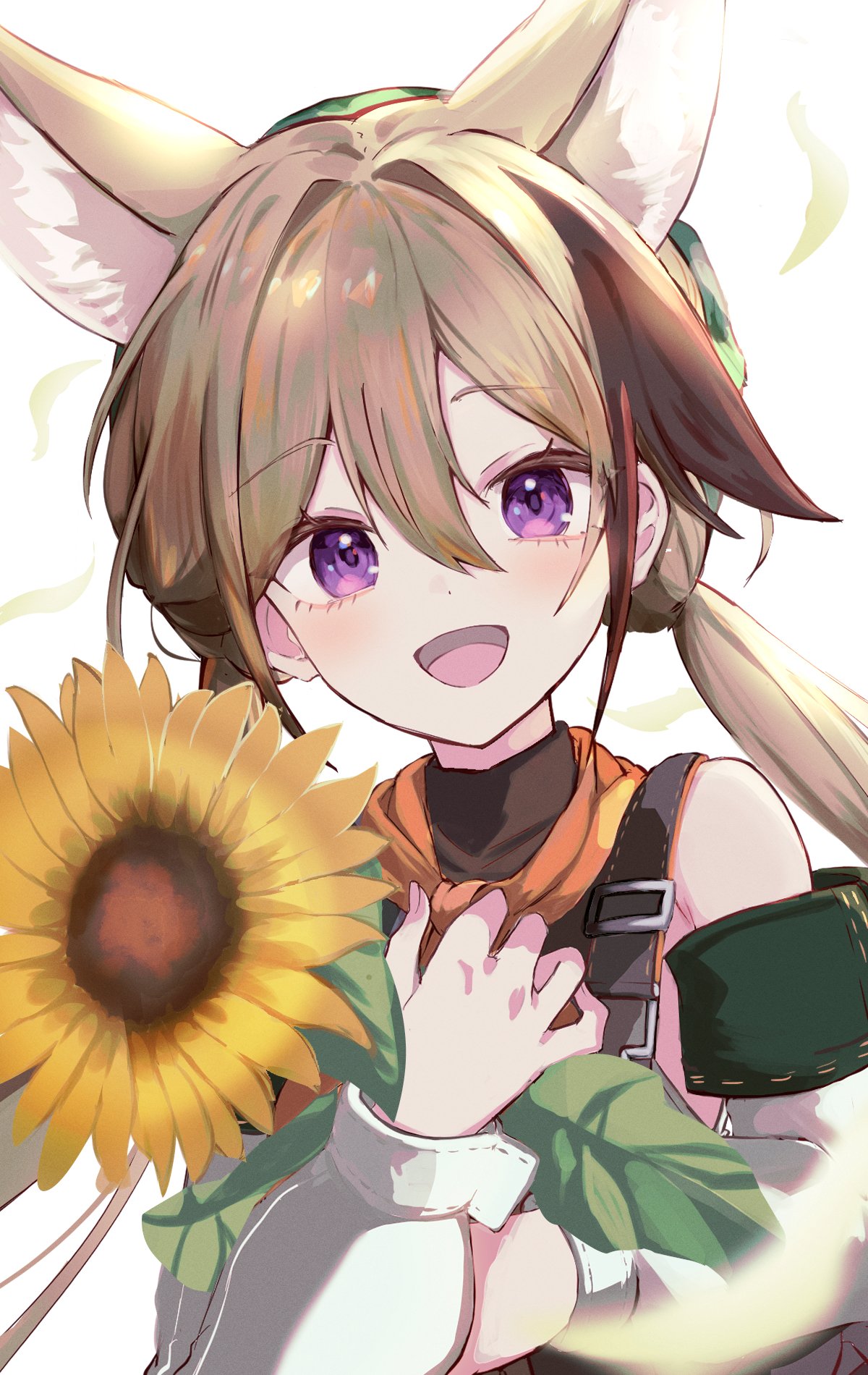 1girl animal_ear_fluff animal_ears arknights bare_shoulders blurry blurry_foreground blush brown_hair cardigan_(arknights) cardigan_(sunny_day)_(arknights) commentary deyuaru dog_ears dog_girl flower green_hat hat highres holding holding_flower jacket looking_at_viewer multicolored_hair open_mouth scarf smile solo streaked_hair sunflower suspenders twintails violet_eyes white_jacket yellow_scarf