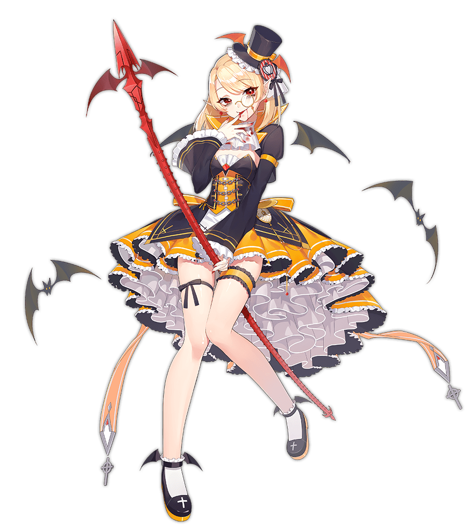 1girl :d ark_order artist_request ascot bat_(animal) bat_wings black_dress black_footwear black_ribbon blonde_hair blood blood_on_clothes blood_on_face blood_on_hands bridal_garter dracula_(ark_order) dress earrings fangs frilled_dress frilled_hat frilled_sleeves frills full_body hat holding holding_polearm holding_weapon jewelry juliet_sleeves leg_ribbon long_sleeves medium_hair mini_hat mini_top_hat official_art orange_dress pointy_ears polearm puffy_sleeves red_eyes ribbon shoes smile socks solo tachi-e thigh_ribbon thigh_strap top_hat transparent_background two-tone_dress weapon white_ascot white_socks winged_footwear winged_hat wings