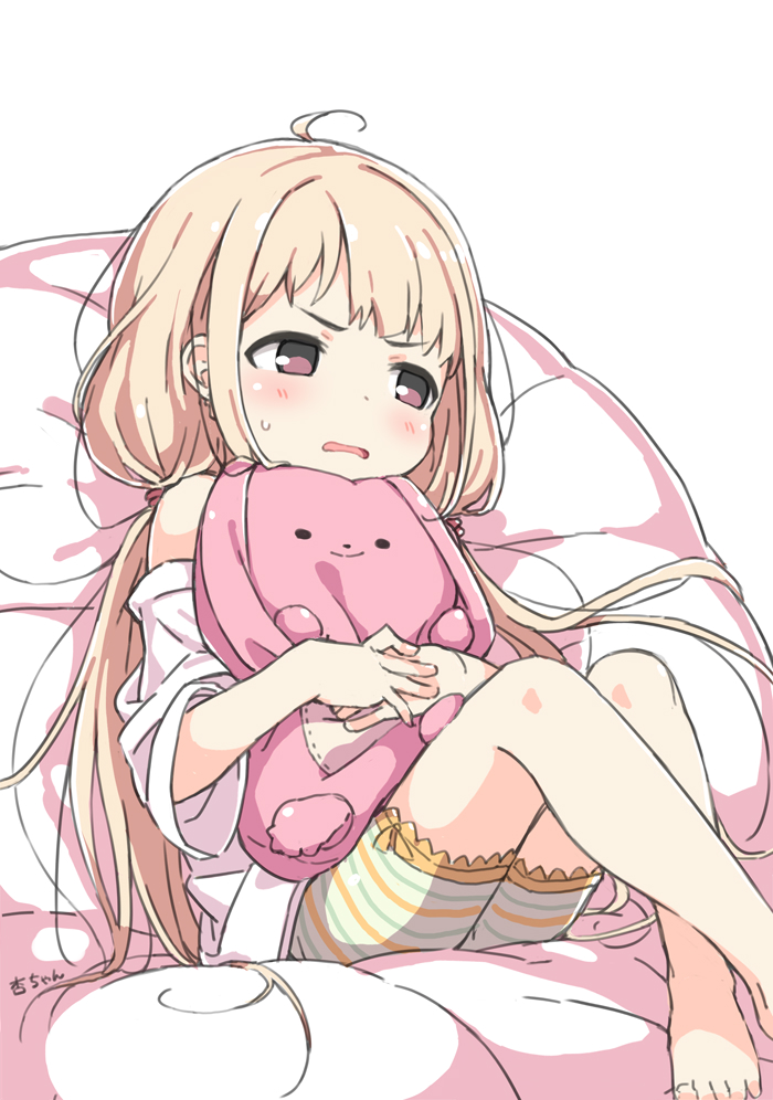 1girl ahoge bare_shoulders bean_bag_chair bike_shorts blonde_hair blush brown_eyes character_name crossed_legs dot_nose feet_out_of_frame futaba_anzu hair_tie hugging_doll hugging_object idolmaster idolmaster_cinderella_girls kuresuku_(lessons) long_hair looking_to_the_side low_twintails oversized_clothes oversized_shirt pink_stuffed_animal shirt short_hair sidelocks sitting solo stuffed_animal stuffed_rabbit stuffed_toy sweat twintails v-shaped_eyebrows wavy_mouth