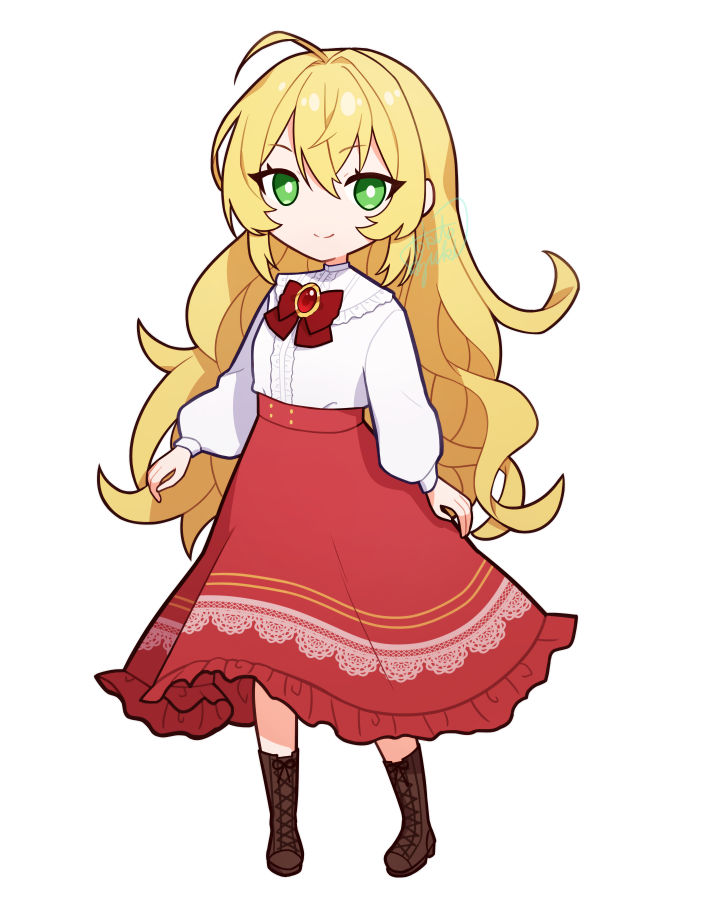 1girl blonde_hair boots bow brooch commission cross-laced_footwear full_body green_eyes jewelry lace-up_boots long_hair long_skirt long_sleeves looking_at_viewer original shirt_tucked_in skirt smile solo tokifuji_kougetsu very_long_hair