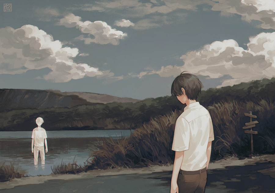 2boys belt black_hair brown_pants clouds cloudy_sky driftwoodwolf from_behind ghost grass male_focus mountain multiple_boys nature original outdoors pants partially_submerged river road_sign scenery shirt short_hair sign sky water white_shirt