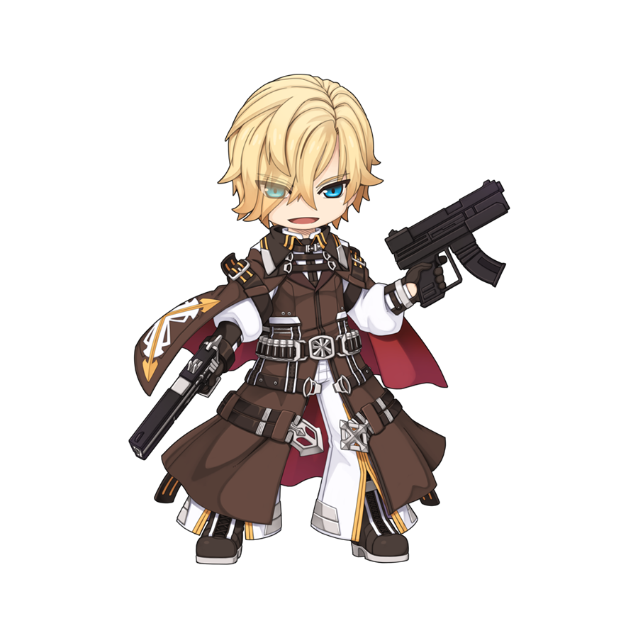 1boy bandolier belt black_belt black_footwear black_gloves blonde_hair blue_eyes boots brown_cape brown_coat bullet cape chibi coat cross-laced_footwear dual_wielding eyes_visible_through_hair full_body gloves gun hair_between_eyes handgun holding long_bangs long_sleeves looking_at_viewer male_focus night_watch_(ragnarok_online) official_art open_mouth pants ragnarok_online red_cape shirt short_hair simple_background smile solo standing submachine_gun tachi-e transparent_background two-sided_cape two-sided_fabric v-shaped_eyebrows weapon white_pants white_shirt yuichirou