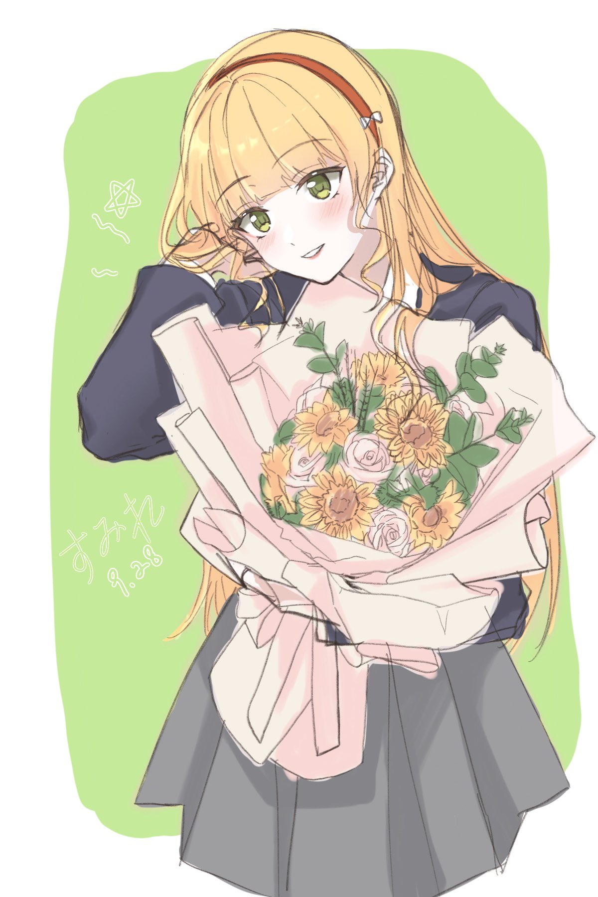 1girl black_jacket blonde_hair blush bouquet character_name chinese_commentary commentary_request cowboy_shot dated flower green_background green_eyes grey_skirt hairband heanna_sumire highres holding holding_bouquet jacket long_sleeves looking_at_viewer love_live! love_live!_superstar!! parted_lips pleated_skirt red_hairband school_uniform skirt smile solo sunflower two-tone_background white_background yellow_flower yeyep0911 yuigaoka_school_uniform