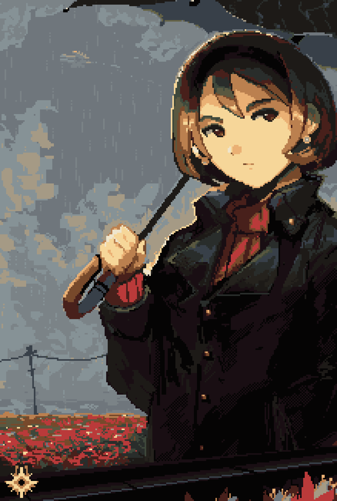 1girl black_jacket brown_eyes brown_hair buttons clouds earrings hairband highres holding holding_umbrella jacket jewelry kornod original pixel_art power_lines rain red_sweater short_hair sky solo sweater umbrella