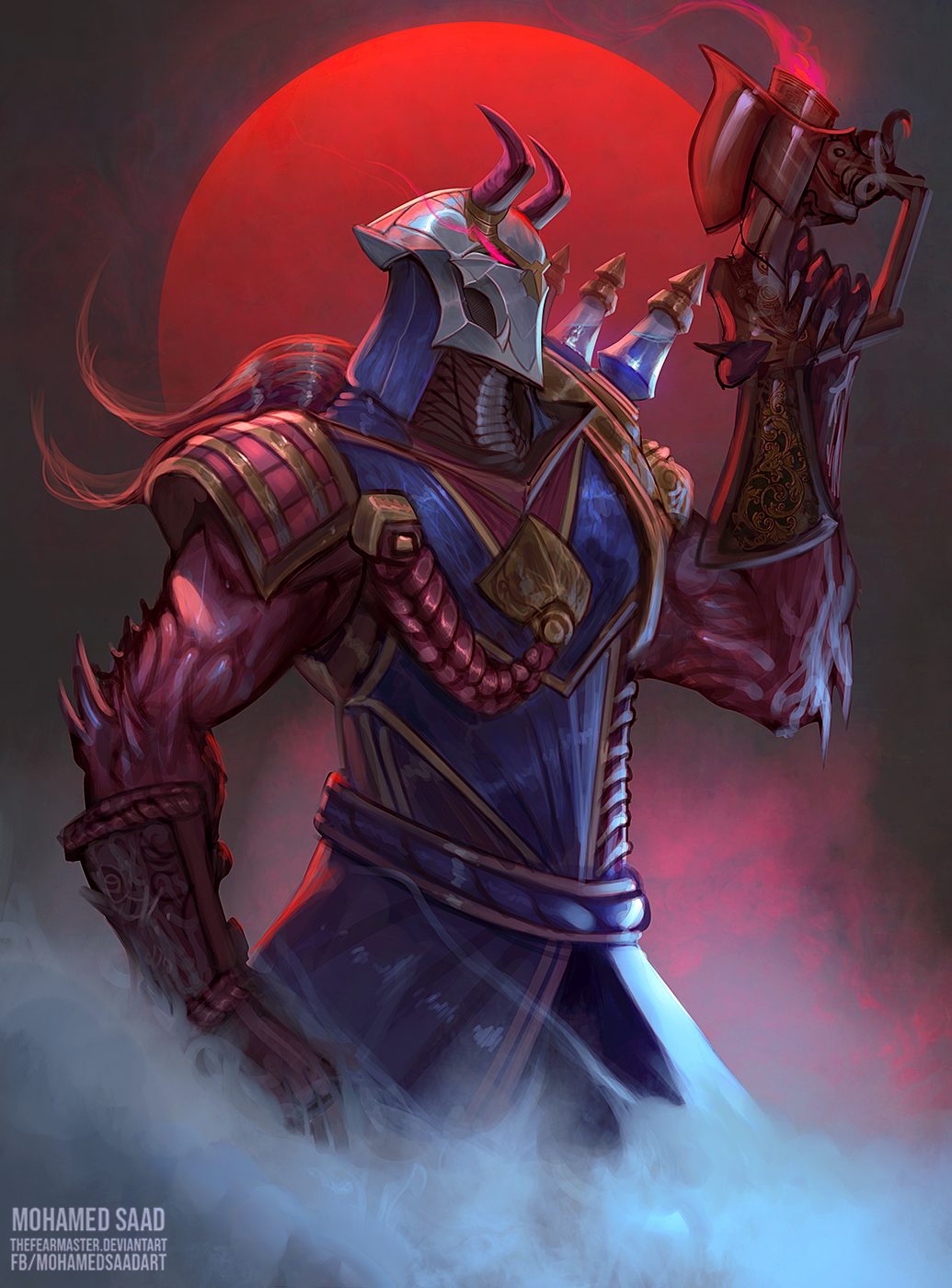 1boy armor artist_name blood_moon_(league_of_legends) blood_moon_jhin colored_skin commentary covered_face cowboy_shot deviantart_username english_commentary facebook_username fingernails fog glowing glowing_eye glowing_eyes gun highres holding holding_gun holding_weapon horned_mask horns jhin league_of_legends male_focus mask moon red_eyes red_moon red_skin redhead sharp_fingernails shoulder_armor sleeveless smoke smoking_gun solo spiked_arm spikes standing thefearmaster weapon