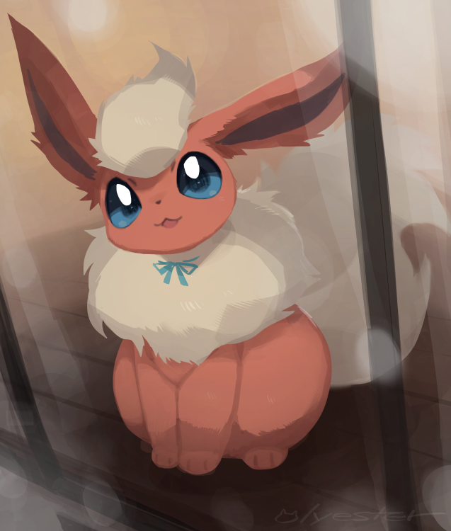 blue_eyes blue_ribbon commentary flareon full_body indoors looking_at_viewer mirror nagasaki_wonderful no_humans pokemon pokemon_(creature) ribbon signature sitting solo symbol-only_commentary wooden_floor