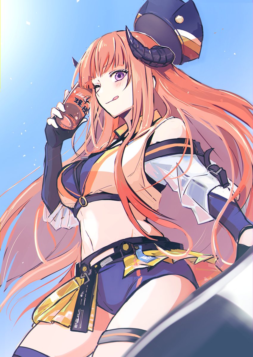 1girl :p arknights bagpipe_(arknights) bagpipe_(queen_no._1)_(arknights) bare_shoulders black_gloves blue_shorts breasts can crop_top dragon_girl dragon_horns drink_can fingerless_gloves gloves hat highres holding holding_can horns long_hair midriff off_shoulder official_alternate_costume orange_hair racequeen revealing_clothes s_a_s_i_m_i shorts skirt stomach thigh-highs thigh_strap tongue tongue_out violet_eyes yellow_skirt
