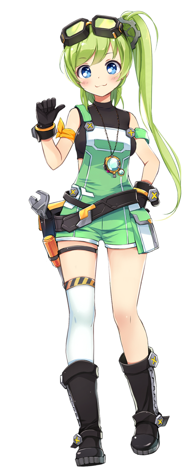 1girl :3 armband belt black_belt black_footwear black_gloves black_shirt boots breasts chain_necklace closed_mouth crop_top dot_nose full_body gear_hair_ornament gloves goggles goggles_on_head green_hair green_overalls hand_on_own_hip highres jeanie_(master_of_eternity) jewelry long_hair master_of_eternity medium_breasts necklace official_art pocket pointing pointing_at_self screwdriver shirt side_ponytail single_bare_leg single_thighhigh sleeveless sleeveless_shirt smile solo strap_slip tachi-e thigh-highs thigh_strap third-party_source tool_belt transparent_background white_thighhighs wrench yellow_armband