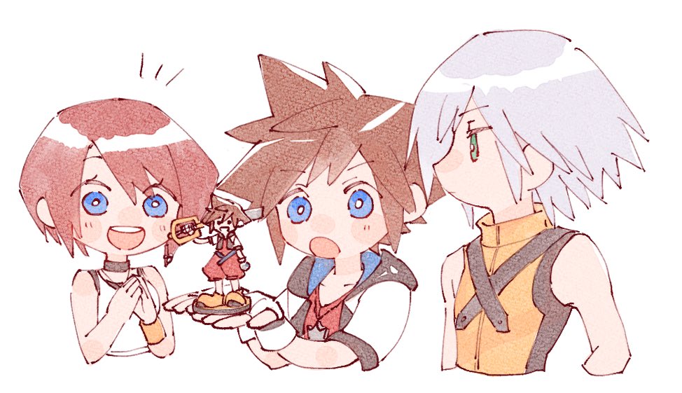 1girl 2boys amiibo bare_shoulders black_choker black_shirt blue_eyes brown_hair camisole chain_necklace chibi choker commentary cropped_torso figure fingerless_gloves gloves grey_hair hair_between_eyes in_palm jacket jewelry kairi_(kingdom_hearts) keyblade kingdom_hearts light_blush looking_at_another multiple_boys necklace nitoya_00630a open_mouth own_hands_together redhead riku_(kingdom_hearts) shirt shirt_under_shirt short_hair short_sleeves smile sora_(kingdom_hearts) spiky_hair vest white_background white_camisole white_gloves white_jacket yellow_vest yellow_wristband