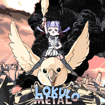 1girl animal_ears apron bird black_dress black_thighhighs cat_ears commentary_request dress heavy_metal_(movie) loafers lokulo-chan lokulo_no_mawashimono lowres maid_apron oekaki original parody poster_parody purple_hair riding rubber_chicken shoes short_dress smoke solo thigh-highs triangle_mouth violet_eyes white_apron