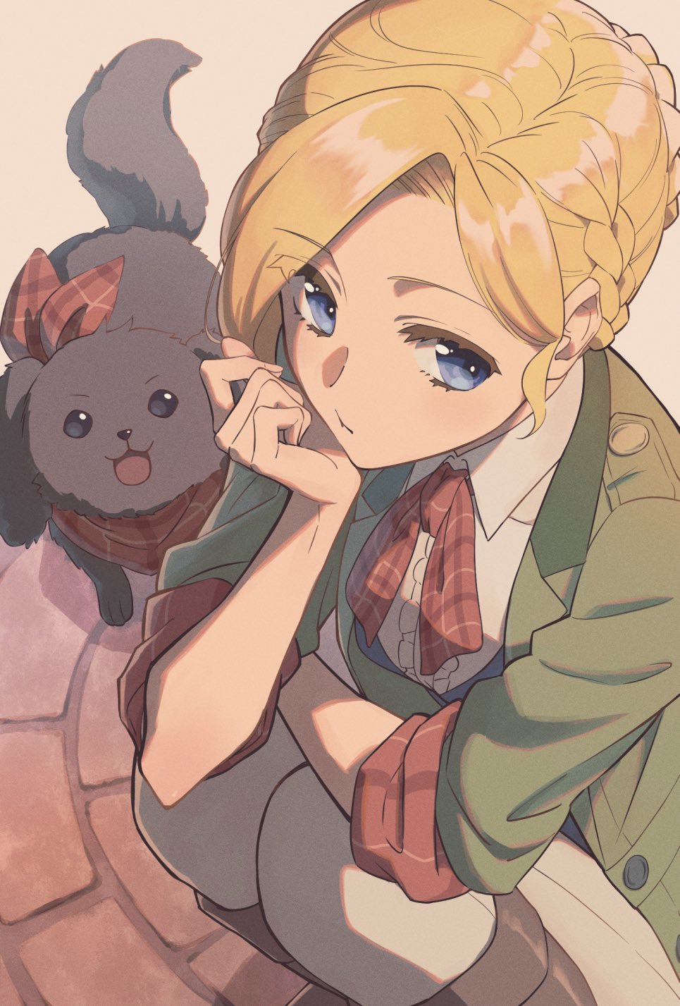 1girl ace_attorney asymmetrical_hair black_fur blonde_hair blue_eyes boots bow bowtie braid brick_floor brown_footwear collar collared_shirt commentary curtained_hair dog french_braid gina_lestrade green_jacket hachi_kou hand_on_own_chin highres jacket kneeling looking_to_the_side open_clothes open_jacket pants plaid plaid_bow plaid_bowtie plaid_scarf red_bow red_bowtie red_scarf scarf shirt sleeves_rolled_up the_great_ace_attorney toby_(ace_attorney) white_collar white_pants white_shirt