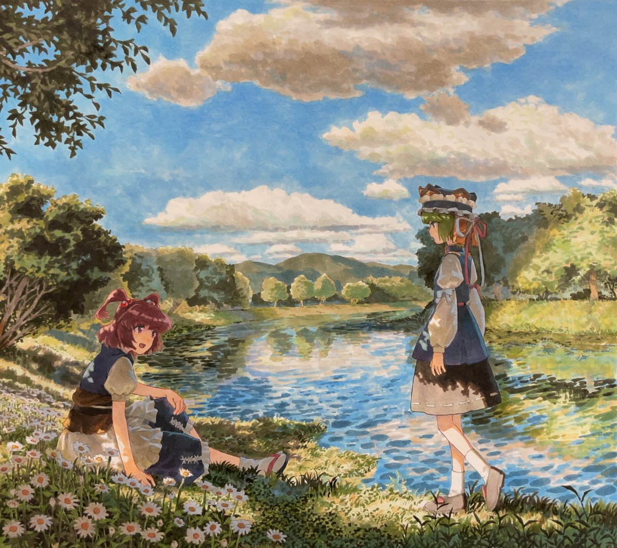2girls :d black_footwear black_skirt blue_shirt blue_skirt blue_sky clouds commentary_request flower frilled_headwear frilled_skirt frills from_side green_hair hair_bobbles hair_ornament hand_on_own_knee knee_up long_sleeves looking_at_another multiple_girls on_ground onozuka_komachi open_mouth outdoors red_eyes redhead ribbon-trimmed_skirt ribbon_trim river sandals shiki_eiki shiratama_(hockey) shirt short_hair sitting skirt sky smile socks touhou traditional_media tree two_side_up walking white_flower white_shirt white_socks wide_shot