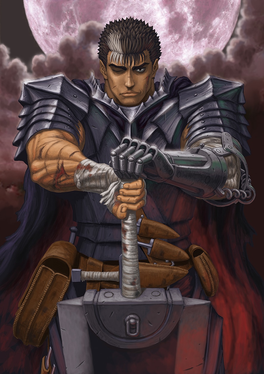 1boy arm_wrap armor bandaged_arm bandages berserk black_hair blood blood_on_arm breastplate cape clouds cloudy_sky cuirass dragonslayer_(sword) greatsword guts_(berserk) hand_wraps highres holding holding_sword holding_weapon huge_weapon knife_sheath leather looking_at_viewer miura_kentarou moon moonlight muscular muscular_male official_art one_eye_closed plate_armor pouch prosthesis prosthetic_arm scar scar_on_arm scar_on_face scar_on_nose sheath short_hair shoulder_armor sky solo spiky_hair sword textless_version weapon