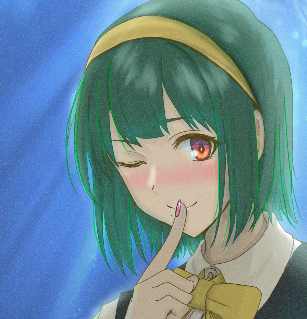 1girl ;) blush bow bowtie finger_to_mouth fingernails green_hair hairband idolmaster idolmaster_(classic) looking_at_viewer mole mole_under_mouth nail_polish one_eye_closed otonashi_kotori red_eyes short_hair smile solo y_sir yellow_bow yellow_bowtie yellow_hairband