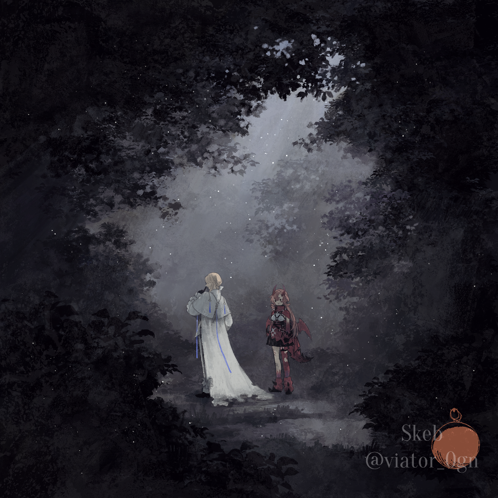 2girls black_dress black_footwear blonde_hair cloak commission dress facing_away forest gu_(goodnight) horns light_particles long_hair looking_at_another multiple_girls nature original outdoors path red_footwear red_horns redhead shoes short_hair skeb_commission standing sunlight tree twitter_username watermark white_cloak