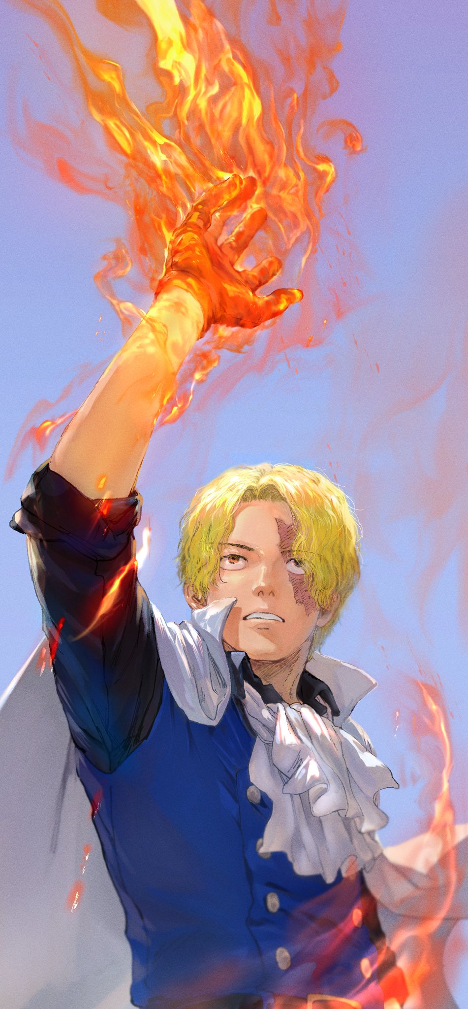 1boy arm_up ascot blonde_hair commentary_request fire gloves he_yo_boy1221 highres male_focus one_piece sabo_(one_piece) scar scar_across_eye scar_on_face short_hair solo teeth white_ascot