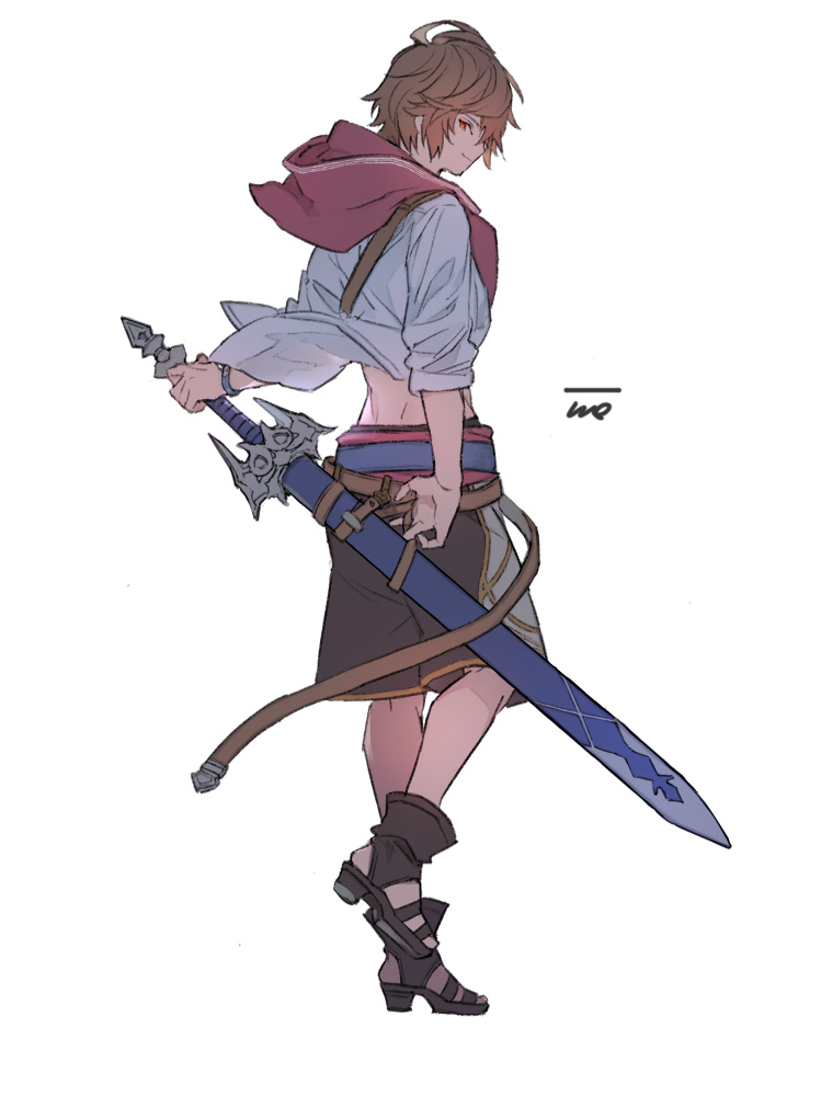 1boy ahoge belt brown_hair fanny_pack floating_clothes from_behind full_body gladiator_sandals granblue_fantasy hair_between_eyes holding holding_sword holding_weapon hood hood_down iwashi_(morpho000) jacket looking_at_viewer male_focus male_swimwear messy_hair official_alternate_costume profile red_eyes red_hood sandalphon_(granblue_fantasy) sandalphon_(summer)_(granblue_fantasy) sandals smile solo swim_trunks sword weapon white_background white_jacket