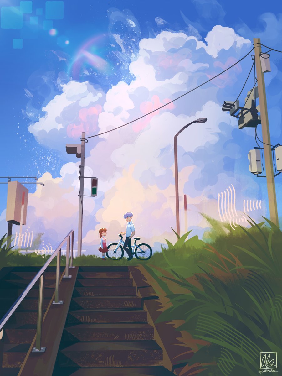 1boy 1girl alina_l bicycle black_pants blue_sky brown_hair brown_skirt child clouds cloudy_sky collared_shirt commentary day doujima_nanako full_body grass grey_hair hand_in_pocket highres lamppost long_hair low_twintails narukami_yuu outdoors pants persona persona_4 profile scenery shirt short_hair short_sleeves signature skirt sky stairs standing twintails twitter_username white_shirt