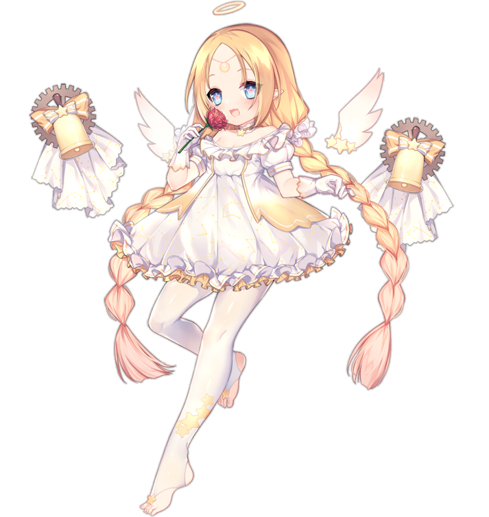 1girl :3 :d angel_(ark_order) angel_wings ao_jun ark_order bell blonde_hair blue_eyes blush bow braid constellation_print detached_wings dress flower forehead frilled_dress frills full_body gears gloves hair_ornament halo holding holding_flower long_hair looking_at_viewer mini_wings official_art pantyhose pink_pupils pointy_ears puffy_dress red_flower red_rose rose see-through see-through_legwear short_dress sidelocks smile solo standing standing_on_one_leg star-shaped_pupils star_(symbol) star_hair_ornament star_print stirrup_legwear symbol-shaped_pupils tachi-e toeless_legwear transparent_background twin_braids variant_set veil very_long_hair white_dress white_gloves white_pantyhose white_wings wings yellow_bow