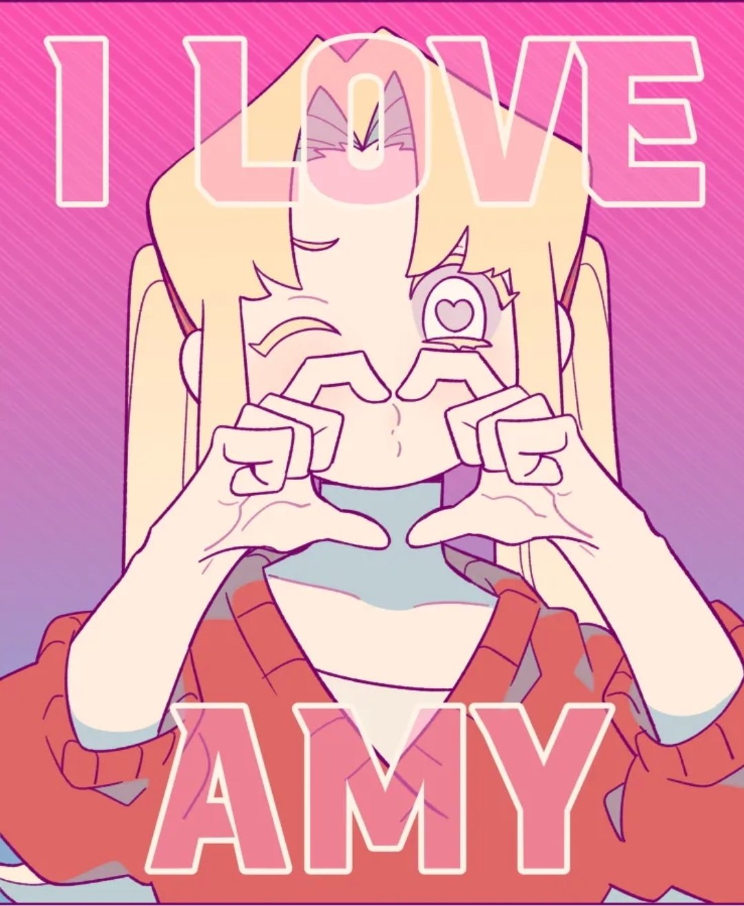 1girl beatrice_reden blonde_hair copyright_name gradient_background heart heart-shaped_pupils heart_hands highres i_love_amy long_hair looking_at_viewer one_eye_closed pink_background puckered_lips purple_background red_sweater shirt solo straight-on sweater symbol-shaped_pupils twintails unn1666 upper_body white_shirt