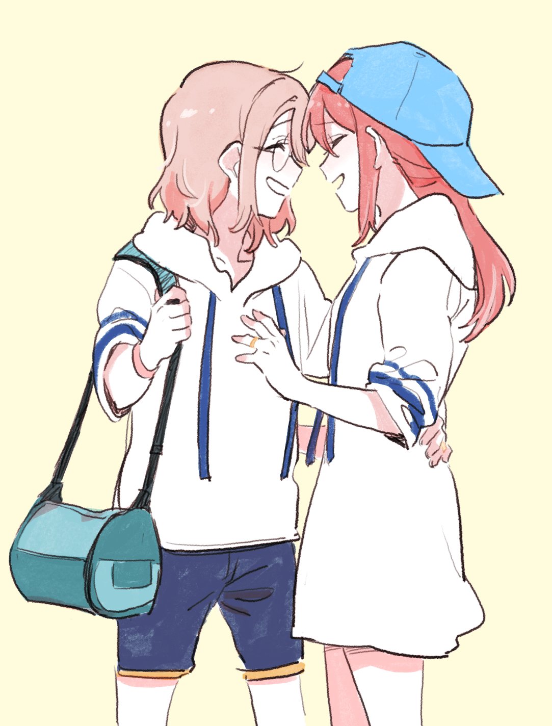 2girls bag baseball_cap blue_hat blue_shorts closed_eyes commentary_request cowboy_shot drawstring forehead-to-forehead glasses grey_hair hand_on_another's_chest hand_on_another's_waist hat heads_together highres hood hoodie jewelry korean_commentary love_live! love_live!_sunshine!! medium_hair multiple_girls open_mouth pito_(sh02327) redhead ring sakurauchi_riko shorts shoulder_bag simple_background sleeves_rolled_up smile watanabe_you wedding_ring white_hoodie wife_and_wife yellow_background yuri