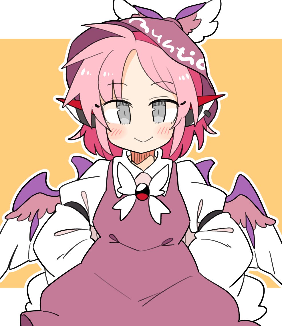 1girl animal_ears bird_ears bird_wings blush brown_dress brown_hat closed_mouth collared_shirt dress earrings grey_eyes hat ini_(inunabe00) jewelry long_sleeves looking_at_viewer mystia_lorelei pink_hair shirt short_hair single_earring sleeve_garter smile solo touhou white_shirt white_wings winged_hat wings