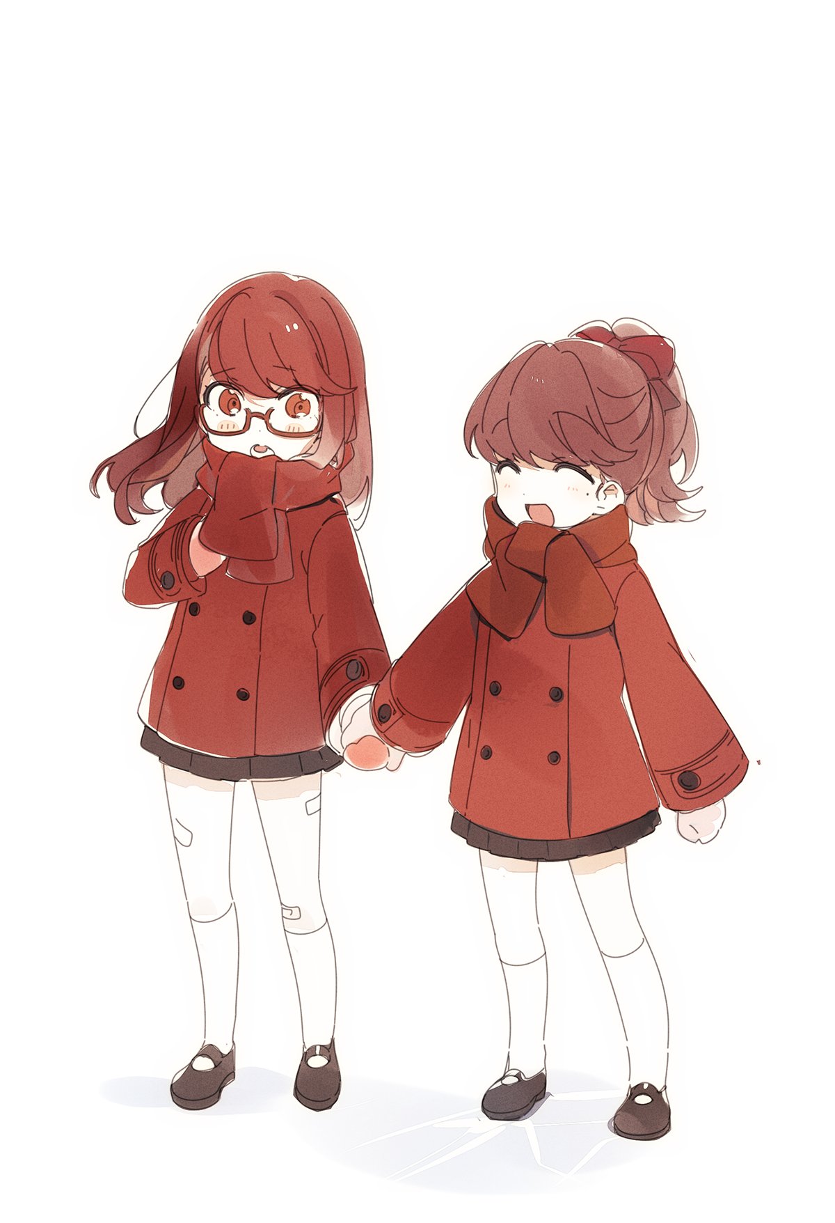 2girls agata120 aged_down bandaid bandaid_on_leg blush bow brown_hair coat full_body glasses hair_bow highres holding_hands kneehighs long_hair long_sleeves miniskirt multiple_girls persona persona_5 persona_5_the_royal ponytail red-framed_eyewear red_bow red_coat red_eyes red_scarf redhead scarf shoes siblings simple_background sisters skirt socks spoilers standing white_background white_socks yoshizawa_kasumi yoshizawa_sumire