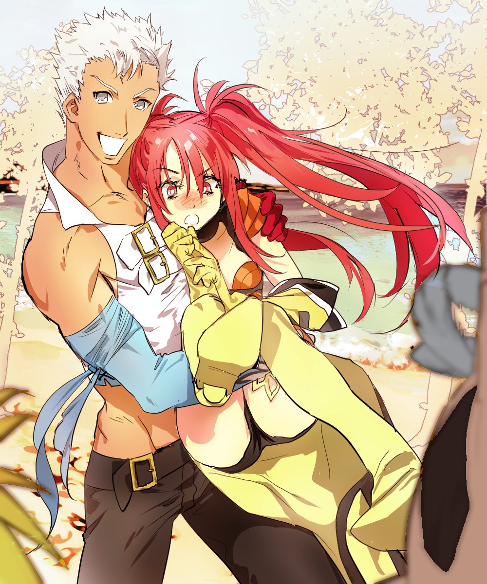 1boy 1girl arm_warmers belt cropped_shirt dark-skinned_male dark_skin detached_collar elbow_gloves gloves grey_hair hair_between_eyes highres legs long_hair loni_dunamis midriff mikuroron nanaly_fletch navel open_mouth popped_collar redhead shirt short_hair shorts sleeveless smile tales_of_(series) tales_of_destiny_2 tales_of_the_rays talesofmea thigh-highs twintails