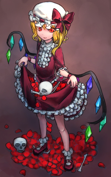1girl alternate_costume blonde_hair bobby_socks bow closed_mouth crystal flandre_scarlet frilled_shirt_collar frills full_body gothic_lolita hat hat_bow hat_ribbon light_smile lolita_fashion mary_janes medium_hair mob_cap multicolored_wings one_side_up puffy_short_sleeves puffy_sleeves red_bow red_eyes red_footwear red_petals red_ribbon red_shirt red_skirt remi_(isizaki0204) ribbon ribbon-trimmed_headwear ribbon_trim shirt shoes short_sleeves simple_background skirt skirt_basket skull socks solo standing touhou white_hat white_socks wings