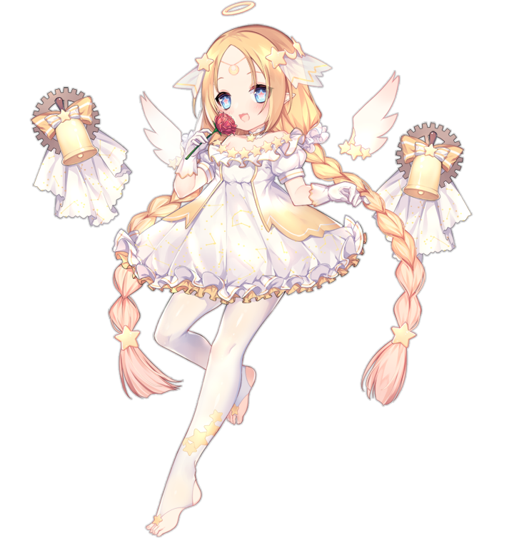 1girl :3 :d angel_(ark_order) angel_wings ao_jun ark_order bell blonde_hair blue_eyes blush bow braid constellation_print detached_wings diadem dress flower forehead frilled_dress frills full_body gears gloves hair_ornament halo holding holding_flower long_hair looking_at_viewer mini_wings official_art pantyhose pink_pupils pointy_ears puffy_dress red_flower red_rose rose see-through see-through_legwear short_dress sidelocks smile solo standing standing_on_one_leg star-shaped_pupils star_(symbol) star_hair_ornament star_print stirrup_legwear symbol-shaped_pupils tachi-e toeless_legwear transparent_background twin_braids variant_set veil very_long_hair white_dress white_gloves white_pantyhose white_wings wings yellow_bow