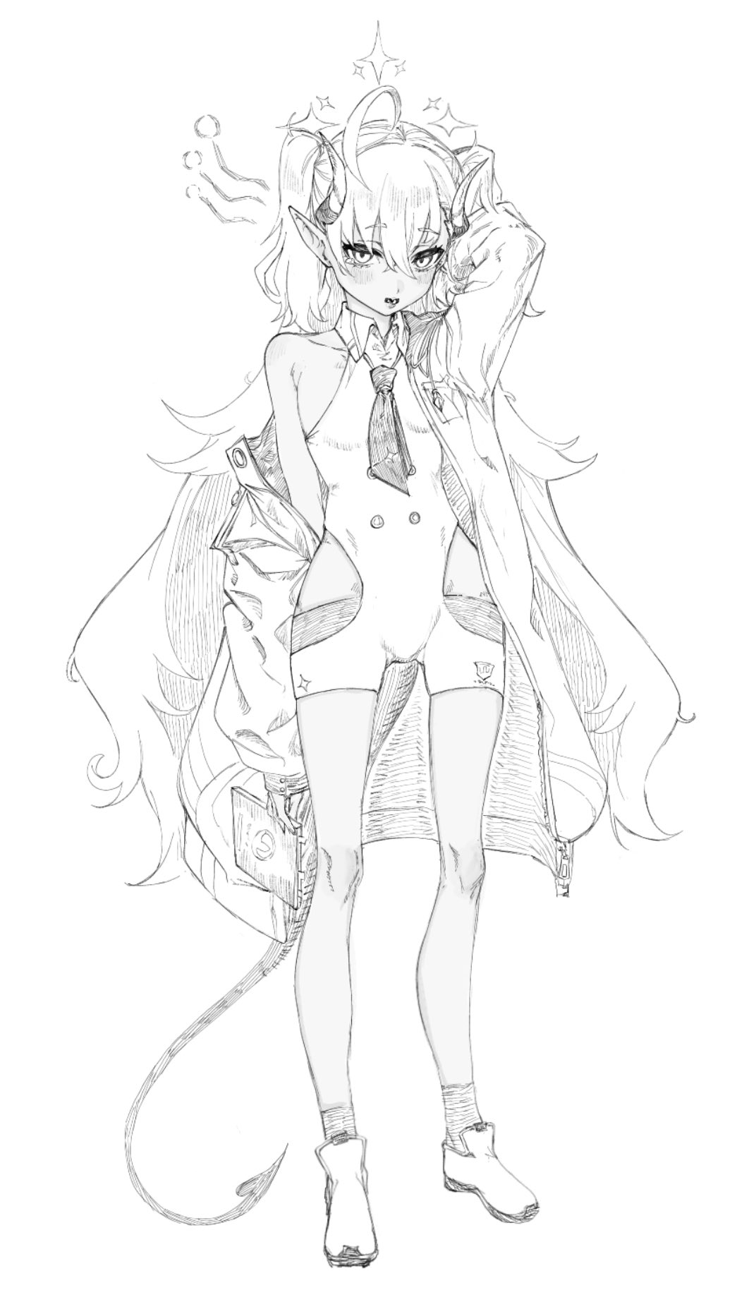 ahoge blue_archive bodysuit clothing_cutout demon_horns demon_tail greyscale halo highres holding holding_notebook horns indinu jacket long_hair looking_at_viewer loose_necktie monochrome necktie notebook open_clothes open_jacket pointy_ears shoes short_twintails side_cutout simple_background sketch socks star_halo sumomo_(blue_archive) tail twintails white_background