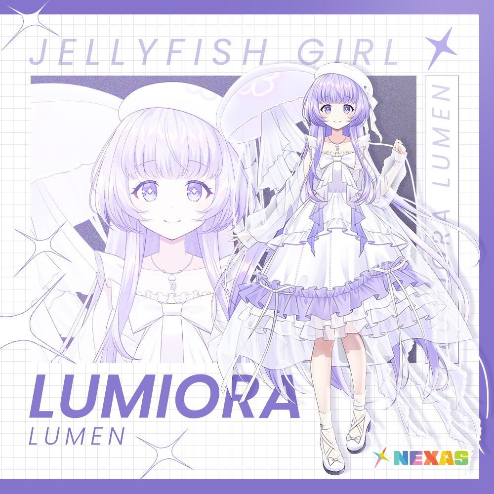 1girl beret bow character_name closed_mouth commentary detached_sleeves dress english_commentary english_text footwear_bow frilled_dress frills full_body gradient_bow grid haruyuki_14 hat jellyfish jewelry lace_socks layered_dress logo long_hair long_sleeves looking_at_viewer lumiora_lumen necklace nexas_(vtuber_agency) official_art purple_hair see-through see-through_sleeves sidelocks smile standing symbol_in_eye very_long_hair violet_eyes virtual_youtuber white_bow white_dress white_footwear white_hat
