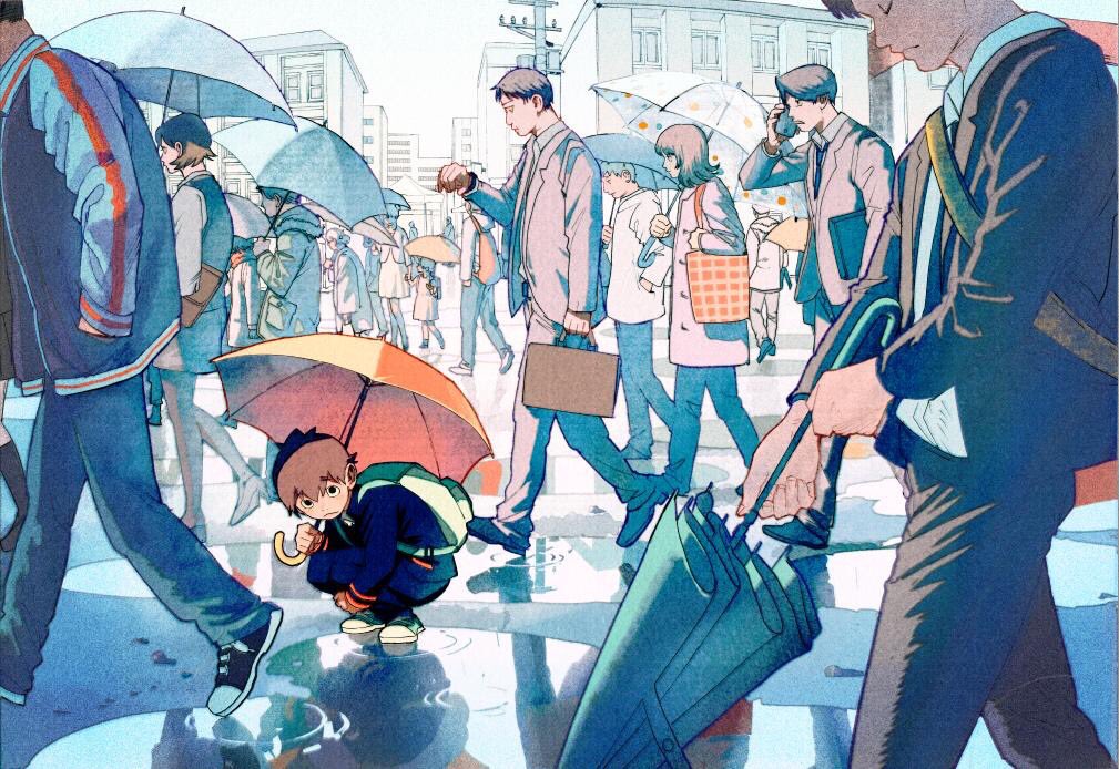 1boy backpack bag black_eyes black_pants briefcase brown_hair character_request child closed_eyes closed_mouth closed_umbrella crowd hand_in_pocket high_heels holding holding_briefcase jacket kimio_alive looking_at_viewer looking_at_watch mokorobi official_art pants puddle reflection reflective_water shoes sneakers solo_focus squatting talking_on_phone umbrella utility_pole