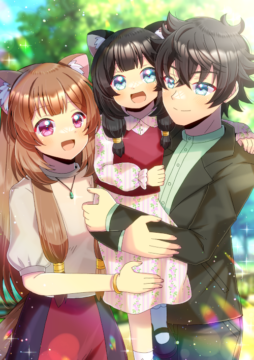1boy 2girls :d animal_ear_fluff animal_ears black_footwear black_hair black_jacket black_pants blue_eyes blue_sky blurry blurry_background brown_hair brown_shirt closed_mouth commentary_request commission day depth_of_field dress floral_print green_shirt hair_between_eyes if_they_mated iwatani_naofumi jacket kou_hiyoyo long_hair long_sleeves multiple_girls open_clothes open_jacket outdoors pants pink_dress print_dress puffy_long_sleeves puffy_short_sleeves puffy_sleeves raphtalia red_skirt shirt shoes short_sleeves skeb_commission skirt sky sleeves_past_wrists smile socks striped_clothes striped_dress tail tate_no_yuusha_no_nariagari vertical-striped_clothes vertical-striped_dress very_long_hair violet_eyes white_socks