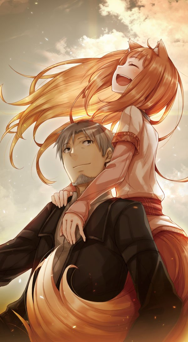1boy 1girl animal_ears ayakura_juu beard black_jacket closed_eyes closed_mouth cover cover_page craft_lawrence dress facial_hair fang hand_on_another's_chest hand_on_another's_shoulder holo hug hug_from_behind jacket long_sleeves novel_cover official_art open_mouth orange_hair pink_shirt profile shirt shirt_under_dress short_hair sideways_mouth sky smile spice_and_wolf tail teeth upper_teeth_only white_dress white_hair wolf_ears wolf_girl wolf_tail