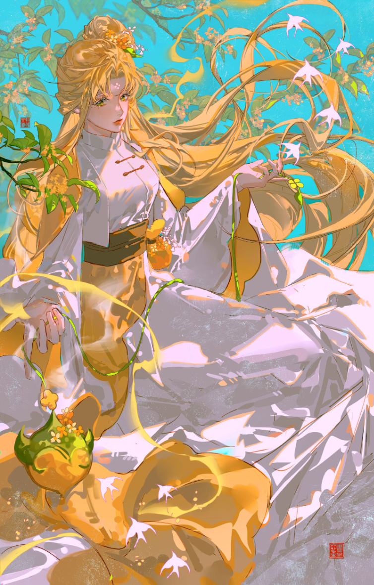 1girl aura belt_pouch bird black_sash blonde_hair blue_background cape chinese_clothes closed_mouth colored_eyelashes cookie_run curtained_hair facial_mark feet_out_of_frame flower forehead_mark gold_osmanthus golden_osmanthus_cookie green_eyes hair_bun hair_flower hair_ornament half_updo hands_up holding holding_pendulum humanization incense_burner jacket leaf lips long_hair long_skirt looking_at_viewer looking_to_the_side open_clothes open_jacket osmanthus overskirt parted_bangs pendulum pouch sash seal_impression shirt simian_chuge single_side_bun sitting skirt smoke solo swallow_(bird) tangzhuang tree white_jacket white_shirt white_skirt wide_sleeves wind yellow_cape yellow_flower yellow_skirt