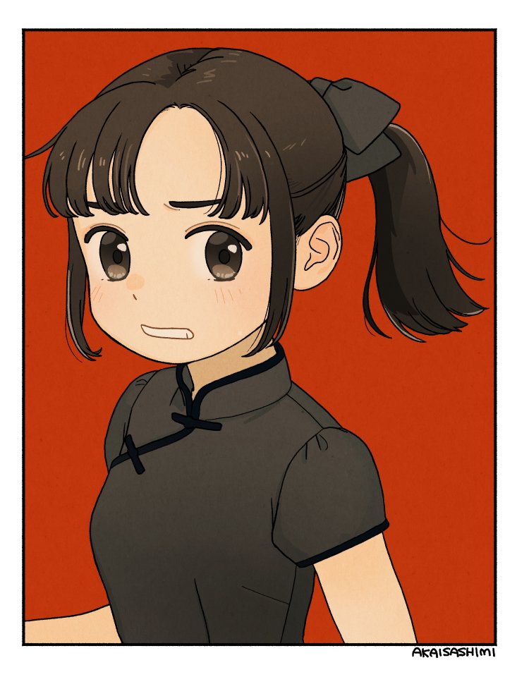 1girl akai_sashimi artist_name asymmetrical_bangs border breasts brown_eyes brown_hair china_dress chinese_clothes dress looking_at_viewer original parted_lips ponytail red_background short_sleeves sidelocks simple_background small_breasts solo upper_body white_border