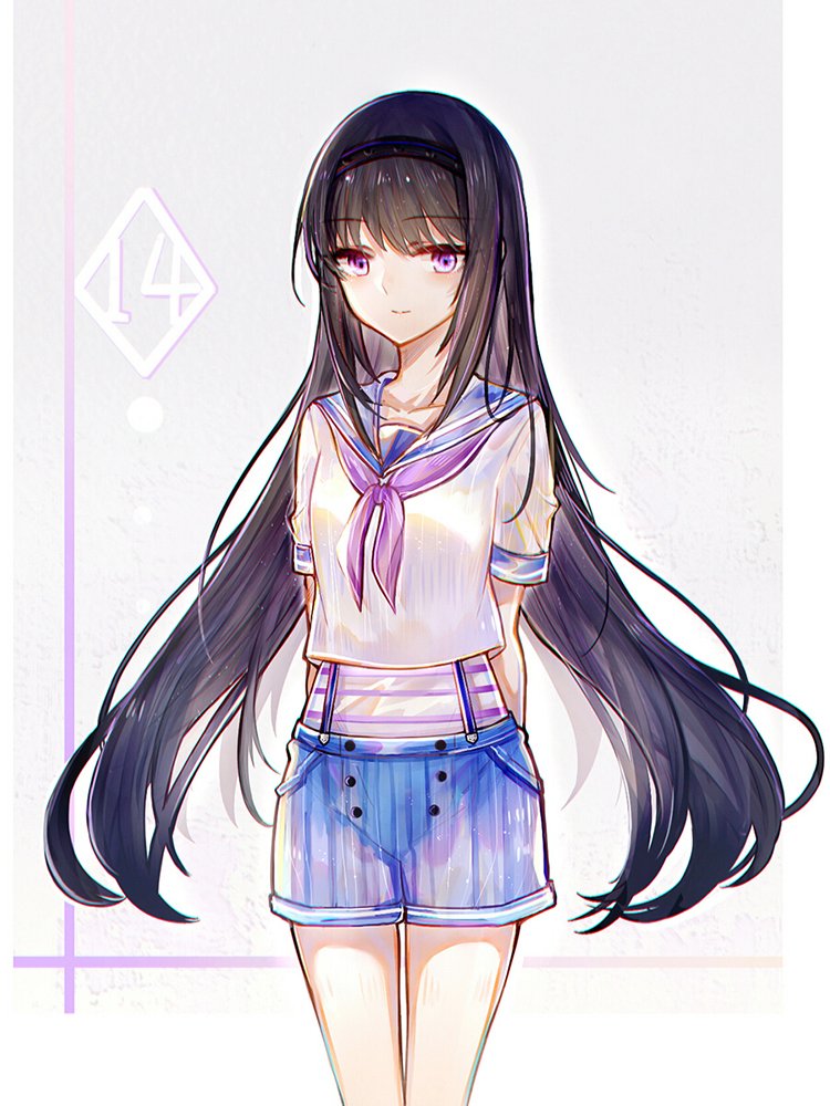 akemi_homura alternate_costume arms_behind_back bai_qi-qsr black_hair black_hairband blue_sailor_collar blue_shorts border buttons closed_mouth collared_shirt commentary_request denim denim_shorts gradient_background grey_background hairband light_smile long_hair looking_at_viewer mahou_shoujo_madoka_magica mahou_shoujo_madoka_magica_(anime) neckerchief one-piece_swimsuit outside_border pocket purple_neckerchief sailor_collar sailor_shirt shirt short_sleeves shorts simple_background striped_clothes striped_one-piece_swimsuit striped_shorts studded_hairband suspenders swimsuit vertical-striped_clothes vertical-striped_shorts very_long_hair violet_eyes white_border white_one-piece_swimsuit white_shirt white_sleeves