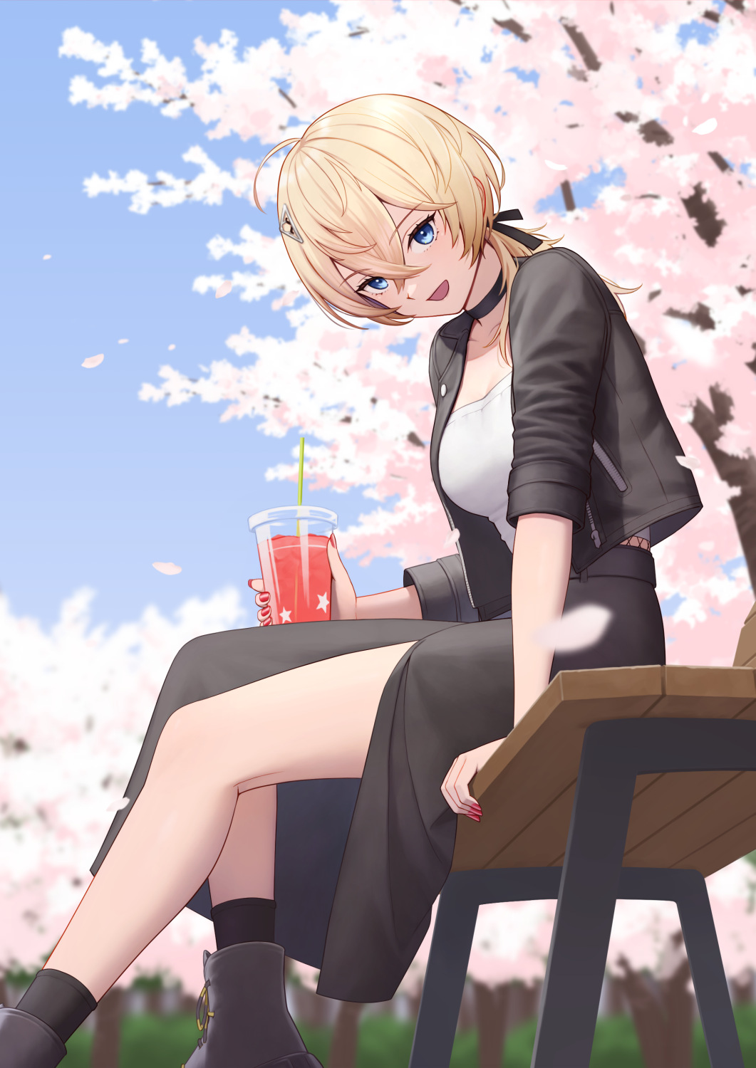 1girl ahoge bench blonde_hair blue_eyes breasts cup disposable_cup hair_between_eyes hair_ornament hairclip highres kantai_collection large_breasts looking_at_viewer medium_hair porupurucha sitting smile solo tuscaloosa_(kancolle)