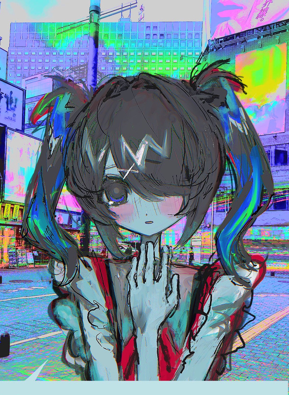 1girl ame-chan_(needy_girl_overdose) black_hair city collared_shirt hair_ornament hair_over_one_eye hand_up highres long_hair looking_at_viewer mushi_buuun needy_girl_overdose open_mouth photo_background red_shirt road shirt solo street twintails upper_body violet_eyes x_hair_ornament