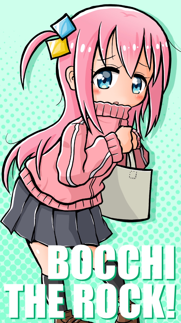 1girl aqua_background bag black_skirt blue_eyes bocchi_the_rock! brown_footwear copyright_name cube_hair_ornament gotoh_hitori gotthi grey_bag hair_between_eyes hair_ornament handbag highres jacket leaning_forward loafers long_hair looking_at_viewer messy_hair pink_hair pink_jacket pleated_skirt shoes simple_background skirt solo track_jacket very_long_hair