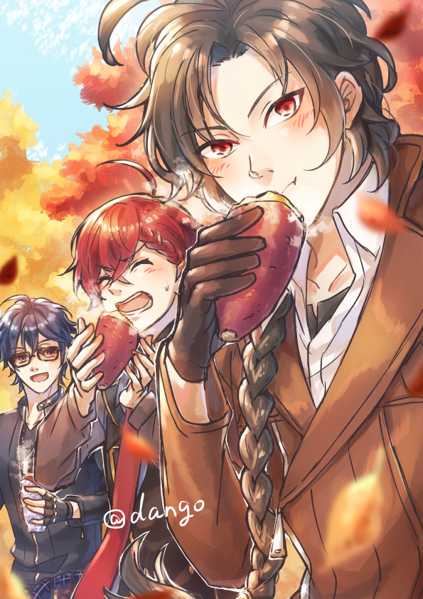 3boys :d :t ahoge autumn autumn_leaves black_gloves black_jacket black_undershirt black_vest blue_eyes blue_hair blurry blush braid braided_bangs brown_hair brown_jacket bungou_to_alchemist closed_eyes closed_mouth collared_shirt crossed_bangs dark_blue_hair day dazai_osamu_(bungou_to_alchemist) depth_of_field eating falling_leaves fingerless_gloves food frown glasses gloves grey_shirt hair_between_eyes hair_over_shoulder holding holding_food jacket leaf long_hair long_sleeves looking_at_another looking_at_viewer male_focus multiple_boys necktie oda_sakunosuke_(bungou_to_alchemist) open_collar open_mouth orange-tinted_eyewear outdoors parted_bangs red_necktie redhead roasted_sweet_potato sakaguchi_ango_(bungou_to_alchemist) shirt short_hair single_braid smile steam sweatdrop sweet_potato teeth tinted_eyewear tree tuan_zi_(son5) twitter_username upper_body vest white_shirt