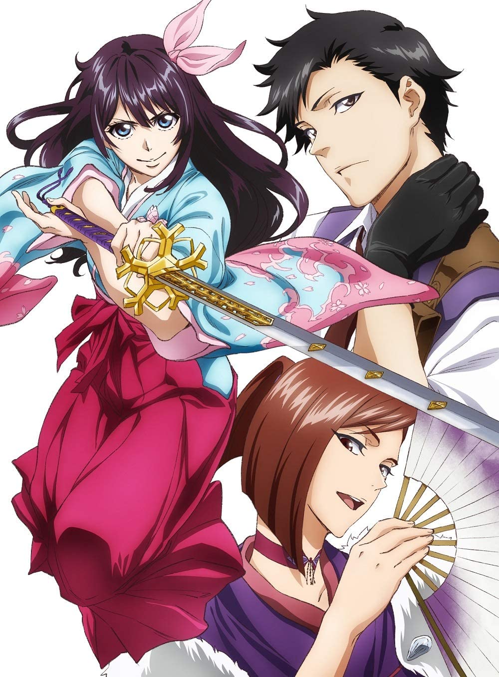 &gt;:) 1boy 2girls amamiya_sakura black_gloves black_hair blue_eyes blunt_ends bob_cut brown_eyes brown_hair choker closed_mouth collarbone collared_shirt floral_print_kimono floral_print_sleeves folding_fan full_body fur_trim gloves hair_between_eyes hair_ornament hair_ribbon hakama hakama_skirt hand_fan hand_on_own_neck highres holding holding_weapon japanese_clothes kamiyama_seijuurou kanzaki_sumire katana kimono kubo_tite light_blue_kimono light_brown_hair long_hair long_sleeves looking_at_viewer mature_female multiple_girls necktie nose official_art open_mouth pink_ribbon pouch purple_kimono purple_tassel purple_vest red_hakama red_necktie ribbon sakura_taisen shin_sakura_taisen shirt short_hair sidelocks simple_background skirt sleeves_rolled_up smile straight_hair sword teeth tongue upper_body upper_teeth_only v-shaped_eyebrows vest violet_eyes wavy_hair weapon white_background wide_sleeves wispy_bangs