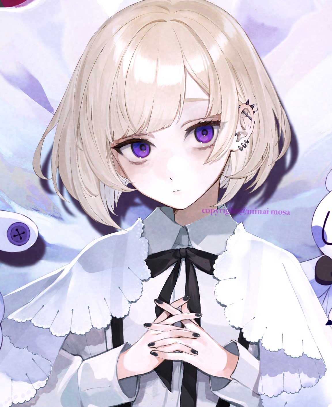 1boy androgynous artist_name black_nails black_ribbon blonde_hair closed_mouth collared_shirt commission dokuzu_(vocaloid) ear_piercing hands_up highres long_sleeves looking_at_viewer male_focus minai_mosa neck_ribbon original own_hands_clasped own_hands_together piercing puffy_long_sleeves puffy_sleeves purple_background ribbon shirt short_hair sitting solo suspenders upper_body violet_eyes watermark white_shirt