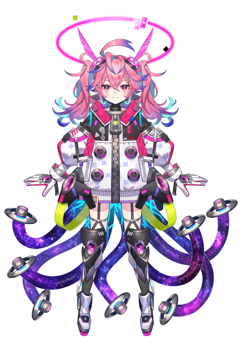 1girl :3 ahoge blue_hair blush boots colored_inner_hair combat_boots crop_top dial full_body galaxy gloves gradient_hair grey_shirt hair_between_eyes hair_ornament hairclip halo horns jacket kt._(kaisou-notagui) long_sleeves looking_at_viewer multicolored_hair nebi_nebu official_art oversized_clothes patch pink_eyes pink_hair pink_halo pixellink purple_hair quilted_jacket respirator rocket shirt solo square standing star_(symbol) star_in_eye symbol_in_eye tentacles thigh_strap transparent_background twintails ufo virtual_youtuber wavy_hair white_footwear white_gloves white_jacket zipper